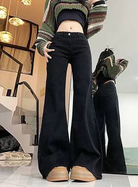 小个子黑色低腰微喇叭牛仔裤女2026年春秋新款中大童女阔腿拖地裤