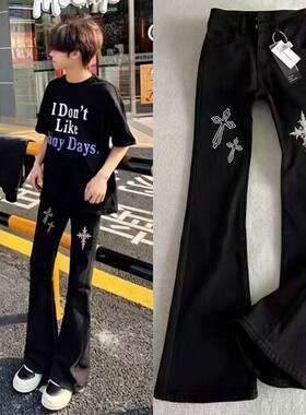 中大童十字架印花牛仔裤男女夏季新款美式潮流时尚百搭休闲微喇裤