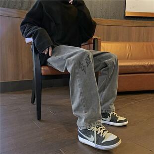 痞帅中大童直筒休闲拖地长裤 国潮做旧水洗闪电印花牛仔裤 男童韩版