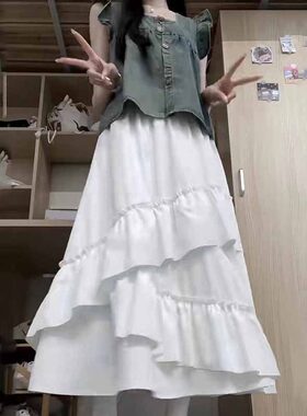 两件/套装文艺复古小飞袖牛仔上衣+白色百搭半身裙中大童夏季新款
