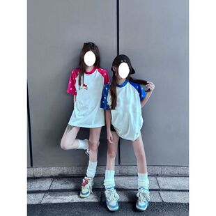 中大童拼接插肩短袖t恤上衣夏季新款小猫印花童装休闲宽松ins小众