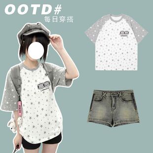 星星印花宽松T恤搭配牛仔短裤套装夏季新款中大童短款套装儿童女