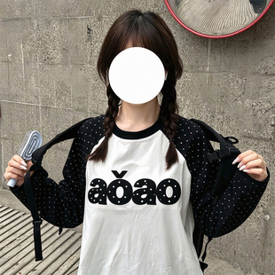 韩潮满天星波点插肩袖长袖t恤女春秋冬学生宽松童装打底长袖上衣