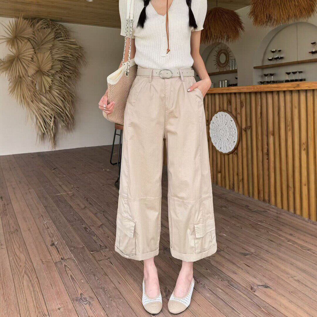 2026夏季新款卡其色阔腿裤女八分薄款宽松直筒休闲裤小个子工装裤