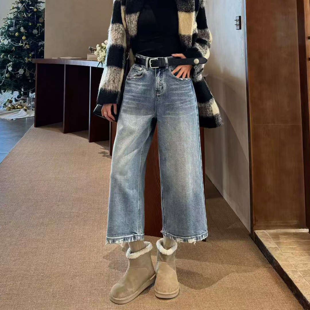 蓝色阔腿牛仔裤女春季新款宽松高腰九分小个子休闲直筒烟管裤