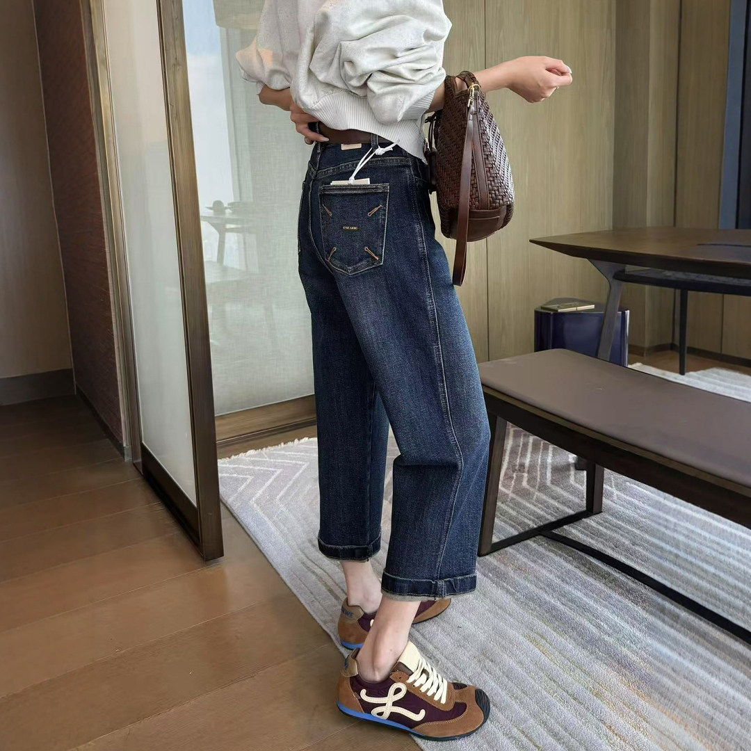 秋季新款蓝色直筒牛仔裤女宽松高腰八九分小个子窄版法棍裤烟管裤