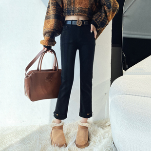 2025春季新款黑色牛仔烟管裤女八九分小个子中国风窄版开叉直筒裤