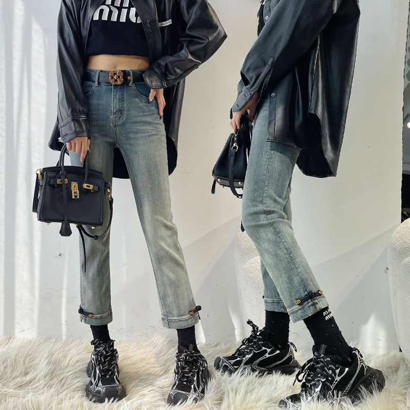 春季新款浅蓝色直筒牛仔裤女九分小个子高腰显瘦窄版法棍裤烟管裤