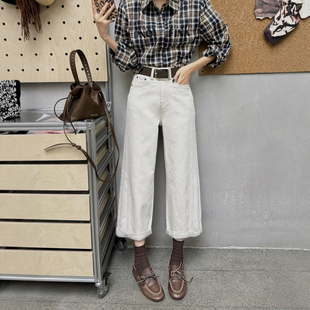 2025秋冬新款阔腿牛仔裤女九分小个子宽松高腰显瘦窄版直筒法棍裤