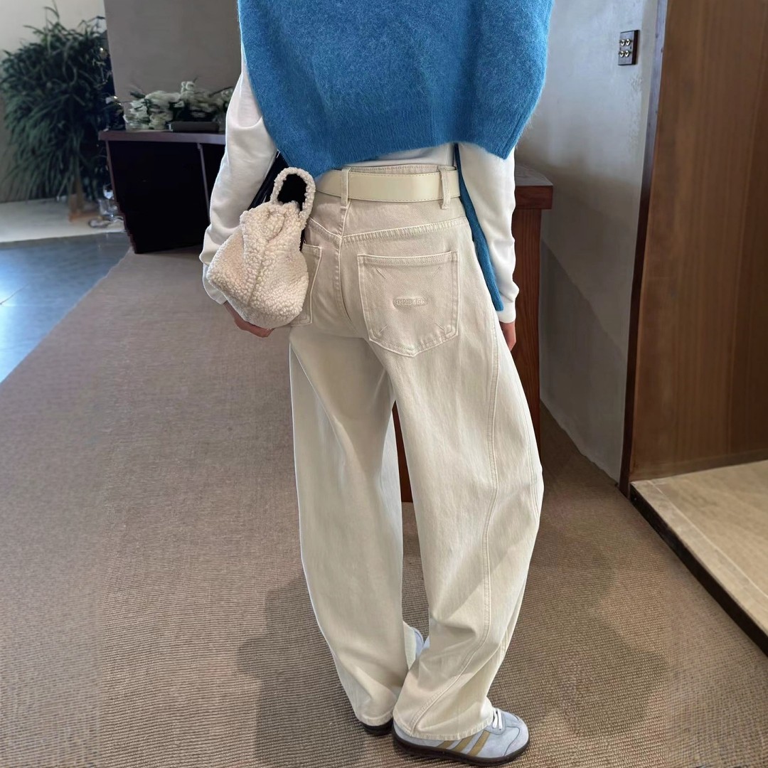 杏色高腰阔腿拖地牛仔裤女弯刀裤