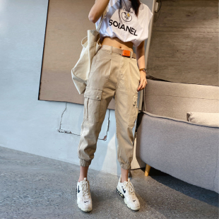 国潮卡其色工装裤女宽松显瘦束脚休闲裤子哈伦牛仔萝卜裤潮秋新款