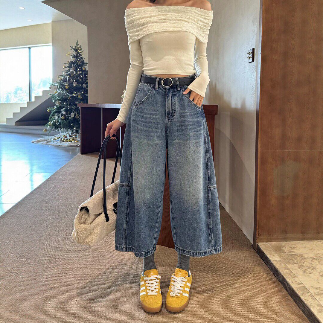 蓝色阔腿牛仔裤女八分春季宽松高腰弯刀裤小个子直筒休闲裤气球裤