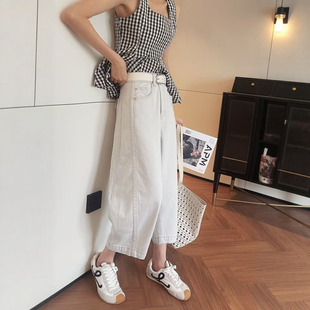 左一2025夏新款阔腿牛仔裤女薄款高腰八分小个子弯刀裤休闲奶奶裤