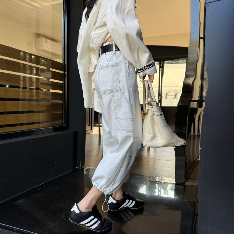 春季新款老钱灰阔腿牛仔裤女高腰显瘦九分小个子工装风直筒休闲裤