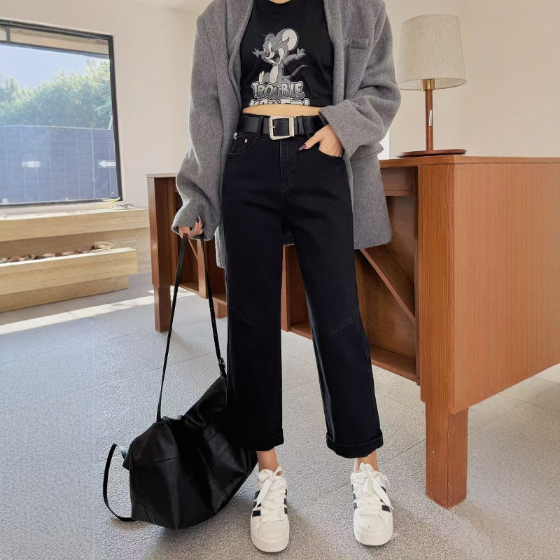 黑色牛仔直筒裤女高腰显瘦八九分小个子窄版法棍裤2025春季新款