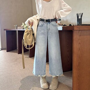 2026春新款浅蓝色阔腿牛仔裤女九分小个子宽松大码高腰休闲直筒裤