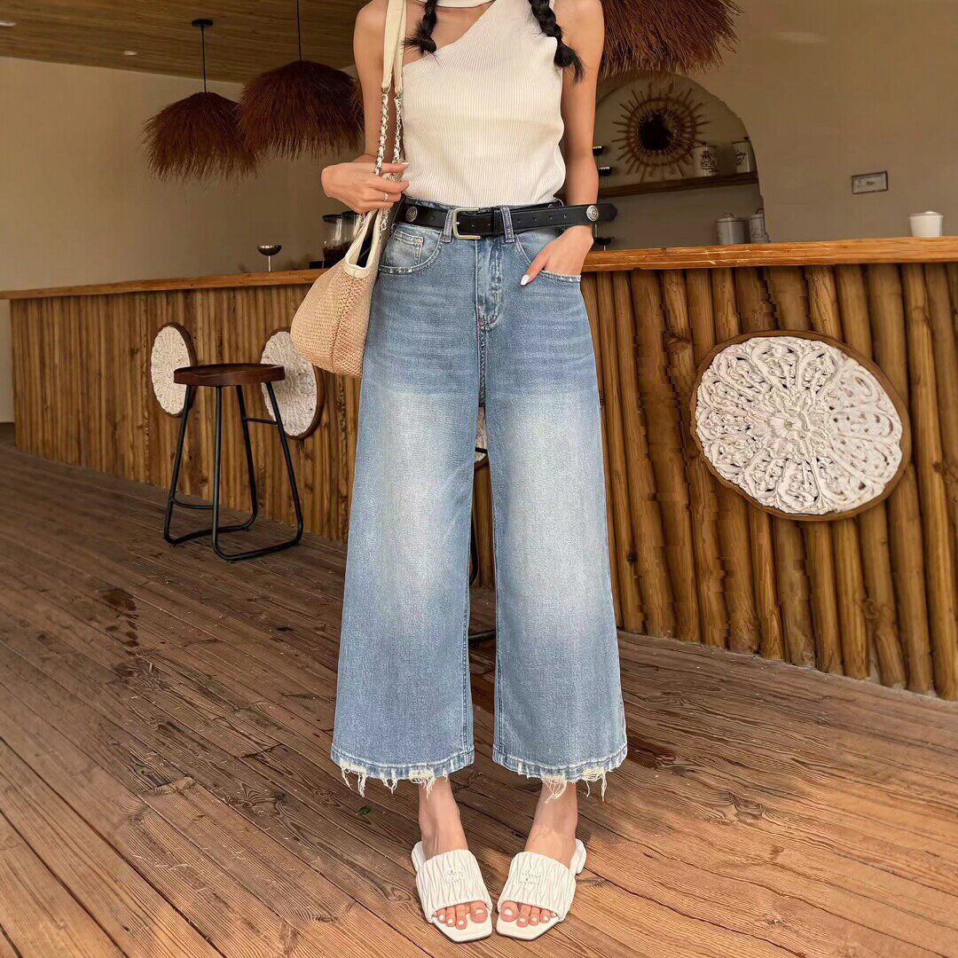2026春夏高腰阔腿牛仔裤女八九分
