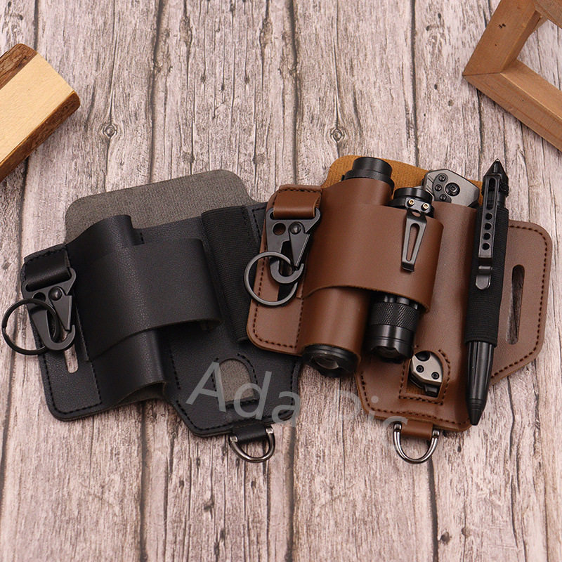 EDC户外多功能小工具套装便携牛皮质工具收纳腰包腰带手电筒皮套
