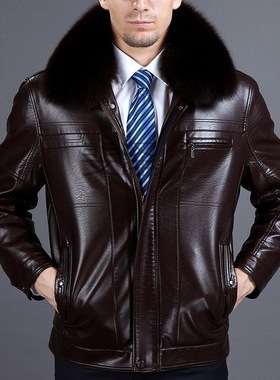 SICA海宁皮衣冬季中老年男士外套加绒加厚翻领爸爸装夹克春秋男装