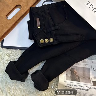 黑色超高腰牛仔裤女加绒加厚新款显瘦排扣修身紧身小脚铅笔裤子潮