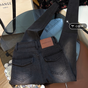 高腰牛仔裤女紧身小脚裤秋冬薄绒新款显瘦修身烟灰色铅笔裤子潮