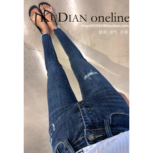 弹力小脚裤 高级 女时尚 蓝色高腰九分破洞牛仔裤 潮 韩国春秋新款