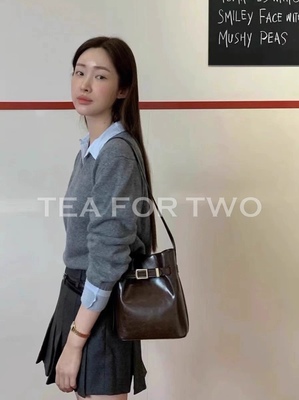 茶二定制 loe水桶包复古女包郑丽媛同款真皮女包