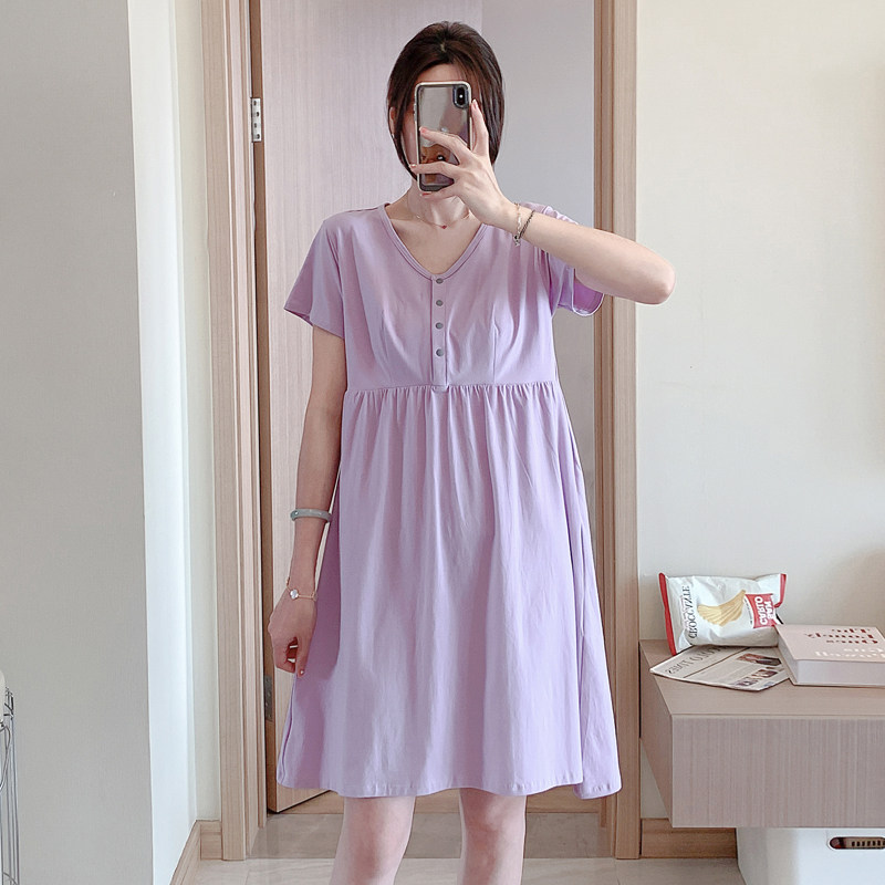 【带胸垫】纯棉哺乳睡裙短袖夏季产后哺乳家居服大码200斤生产裙