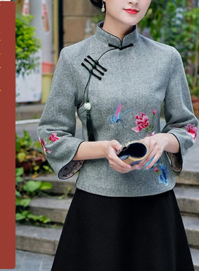 NS131优雅秋长袖旗袍上衣纸样新款茶艺师绣花立领唐装中式女装图