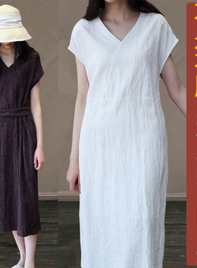 NS322夏季棉麻连肩短袖V领裙子纸样新款古韵提花连衣裙加工定制图