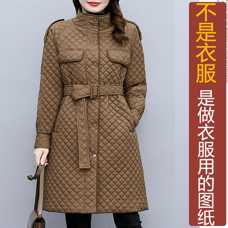 NS482冬季薄款菱形格棉衣中长款外套女纸样 新款时尚羽绒服定制图