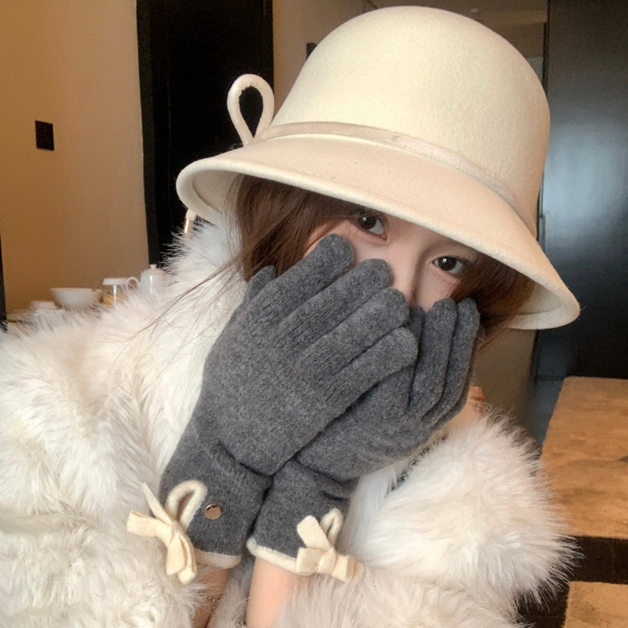 韩版2025新款气质针织毛线蝴蝶结手套女秋冬季保暖防风露指可触屏