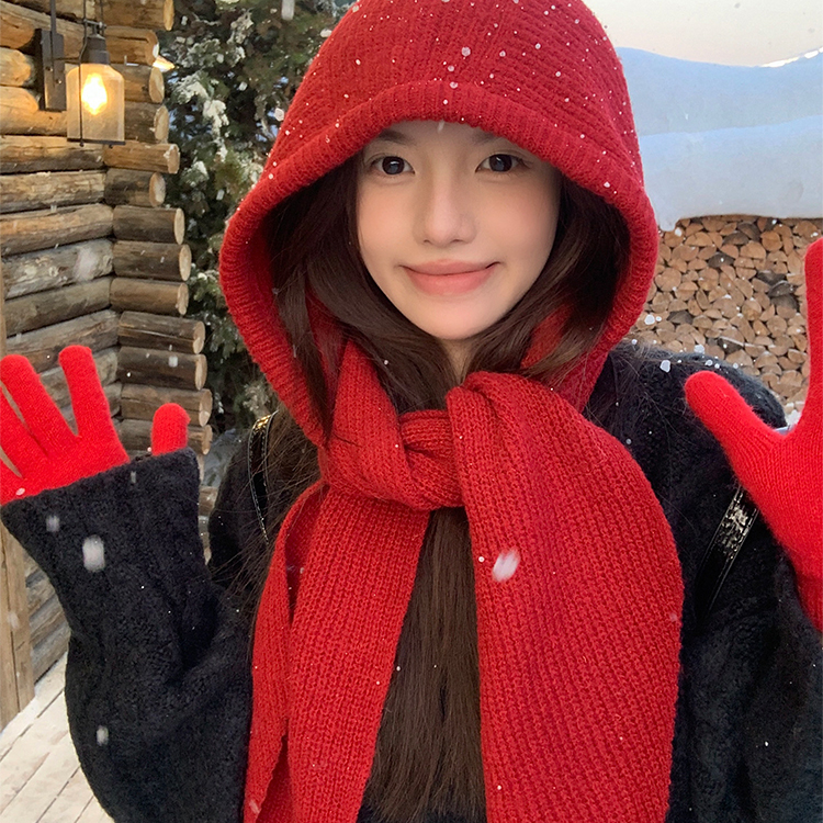 红色巴拉克拉法帽女秋冬季保暖毛线帽子围巾一体连帽围脖针织帽冬
