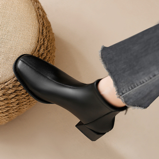 真皮版~洋气小短靴女粗跟秋冬新款方头法式瘦瘦靴高跟单靴女靴子