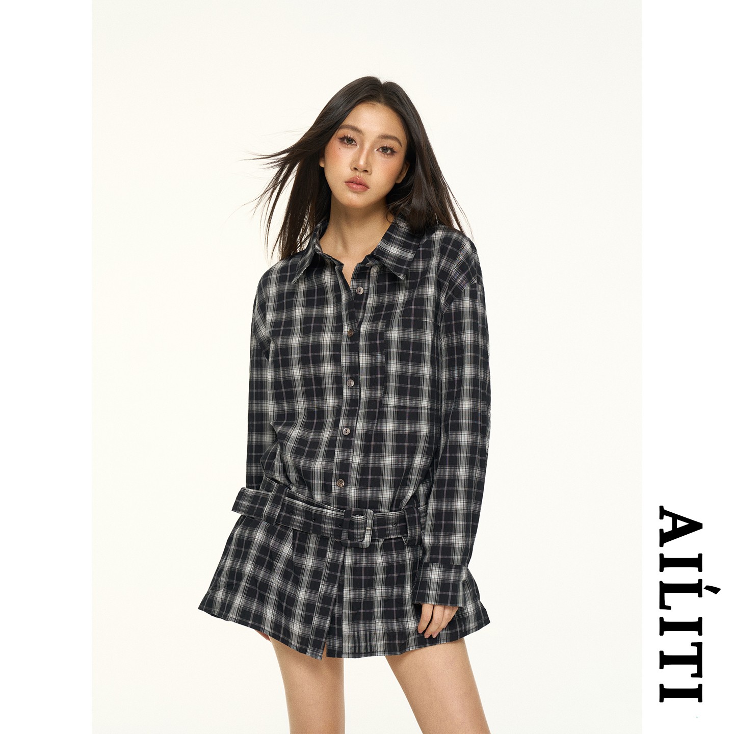 AILITI秋季美式复古松弛感宽松休闲中长款格子腰带长袖衬衫裙上衣