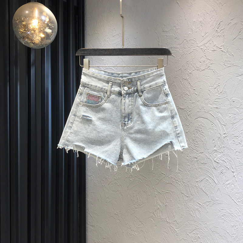 彩色亮钻磨破口袋牛仔短裤女2025年夏季新款高腰显瘦阔腿辣妹热裤