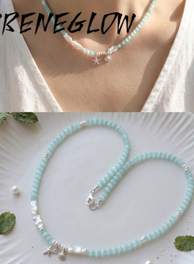 蓝色猫眼石小鱼纯银海星天然珍珠串珠项链饰品女礼品小众高级时髦