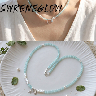 蓝色猫眼石小鱼纯银海星天然珍珠串珠项链饰品女礼品小众高级时髦