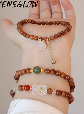 国潮天然库克手链手串和田玉玉髓花朵木质佛念珠闺蜜文玩手链饰品