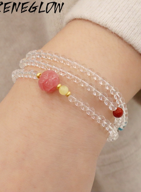 天然4MM三圈盐源莲花白水晶饰品女女生朱砂女手串轻手链精致奢