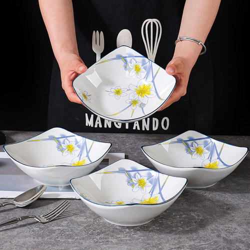 水仙花四方翘脚碗家用饭碗盘子菜盘通用多功能陶瓷釉下彩面方形碗