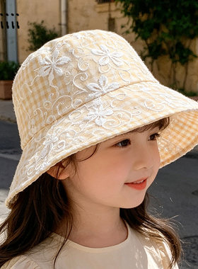 春夏女宝宝帽子薄款法式格子蕾丝