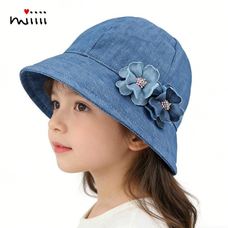 女童帽子防晒春夏薄款花朵纯棉牛仔小孩儿童宝宝婴幼遮阳渔夫盆帽