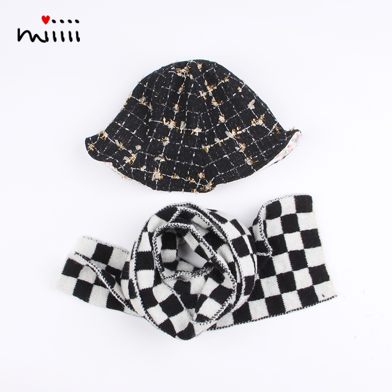 女童帽子围巾套装提花厚秋冬季黑色小香风洋气孩女宝宝毛线帽子潮