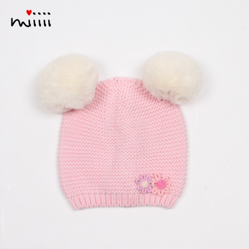 1-2岁清仓特价女童毛线帽小孩绒球花朵可爱女宝宝小孩冬季套头帽