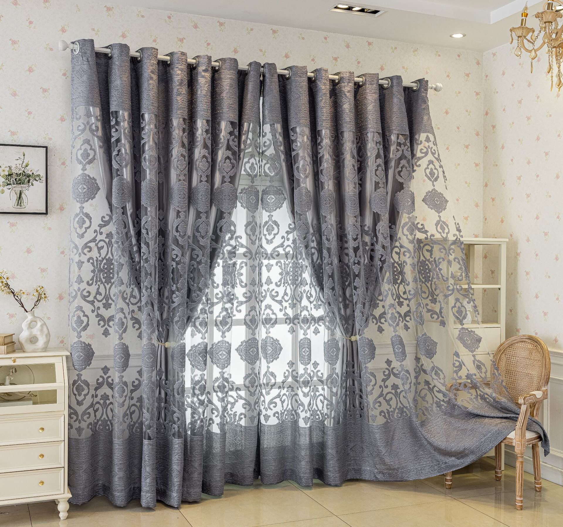 欧式高档奢华大气窗纱客厅卧室半遮光帘防晒窗帘遮阳灰色布纱一体