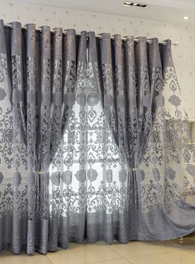 欧式高档奢华大气窗纱客厅卧室半遮光帘防晒窗帘遮阳灰色布纱一体