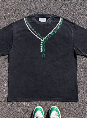 王有病工作室 重磅260G！oversize绿宝石链条情侣T shirt短袖T恤