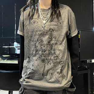 王有病工作室 脏脏长T真两件 深灰色线谱卡通头像做旧破洞短袖