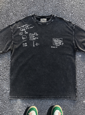 王有病工作室 重磅260G！vintgage美式复古线稿骷髅男女短袖T恤